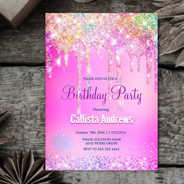 Invitación Monograma de goteo de Purpurina rosa de unicornio  (Subido por el creador)