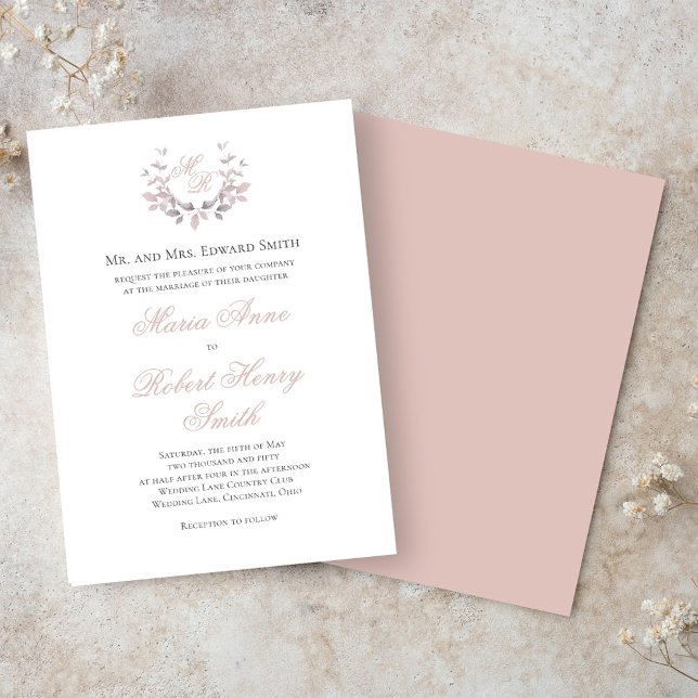 Invitación Monograma de guión de caligrafía de Boda rosa de R (Elegant calligraphy script blush pink wedding invitations. )