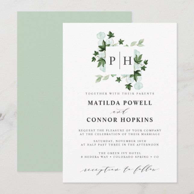 Invitación Monograma de Hedera | Ivy Eucalyptus Boda Botánico (Anverso / Reverso)