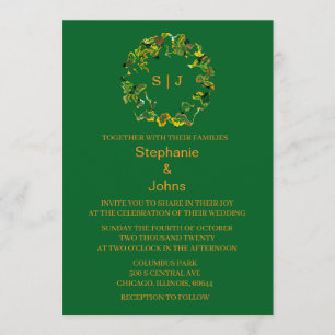 Invitación Monograma de Hoja Crest Naranja Bosque Verde Boda