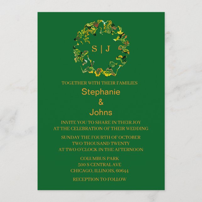 Invitación Monograma de Hoja Crest Naranja Bosque Verde Boda (Anverso)