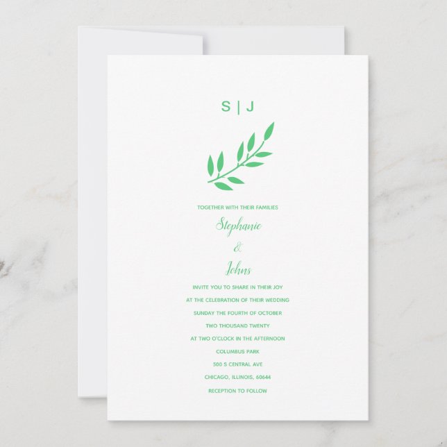 Invitación Monograma de hoja verde esmeralda Boho Boda 2024 (Anverso)