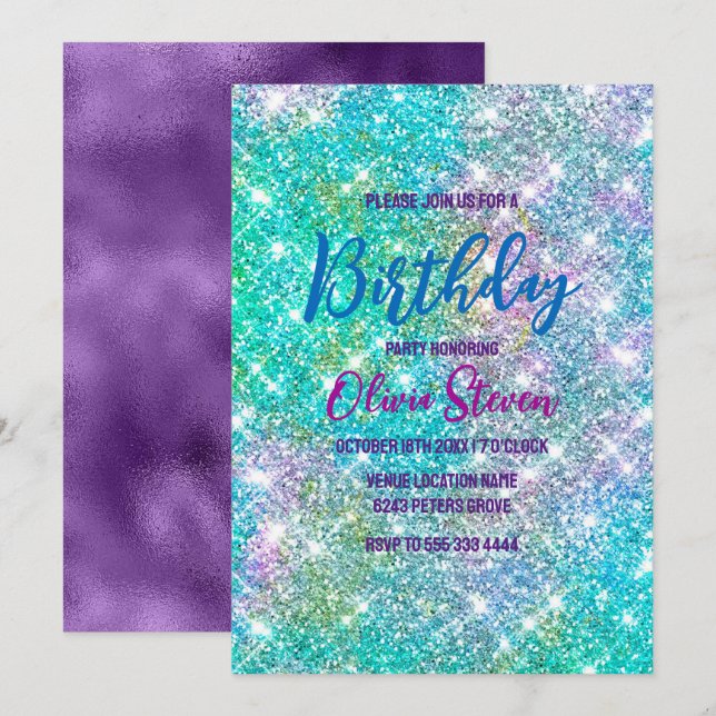Invitación Monograma de imitación azul azul de unicornio cutá (Anverso / Reverso)
