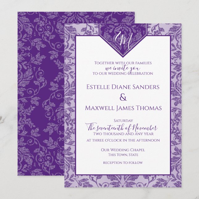 Invitación Monograma de la banca Escudo de Damasco morado y p (Anverso / Reverso)