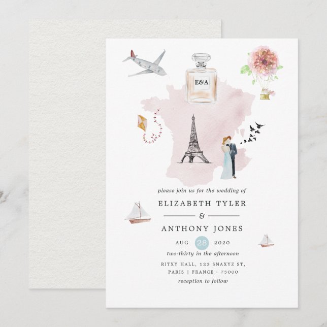 Invitación Monograma de la boda de destino de la acuarela Par (Anverso / Reverso)