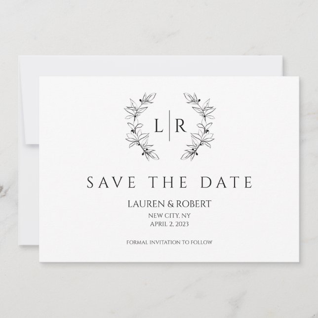 Invitación Monograma de la flor Laurel clásica salva la fecha (Anverso)
