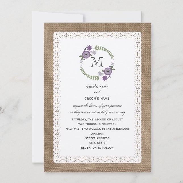 Invitación Monograma de la guirnalda púrpura inspirado en la  (Anverso)