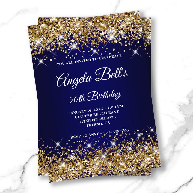 Invitación Monograma de la Purpurina dorada de la marina azul (Gold Glitter Navy Blue Ombre Fancy Monogram Invitation)