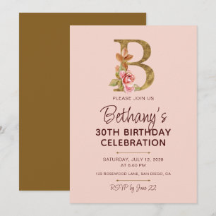 Invitación Monograma de letra B dorada con rosas rosadas