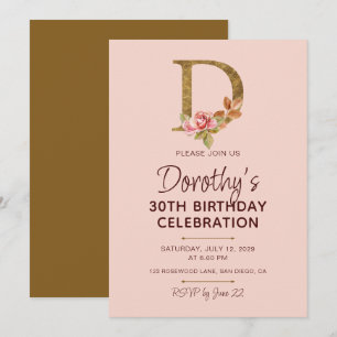 Invitación Monograma de letra D dorada con rosas rosadas