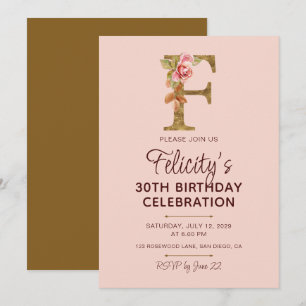 Invitación Monograma de letra F dorada con rosas rosadas