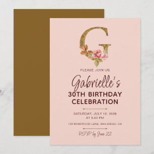 Invitación Monograma de letra G dorada con rosas rosadas