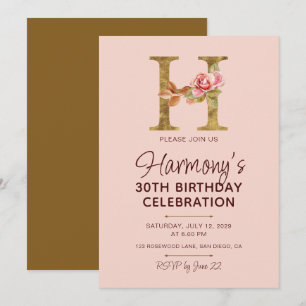 Invitación Monograma de letra H dorada con rosas rosadas