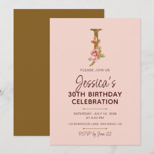 Invitación Monograma de letra J dorada con rosas rosadas
