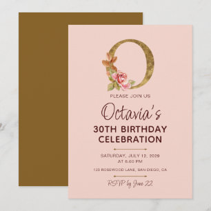Invitación Monograma de letra O dorada con rosas rosadas