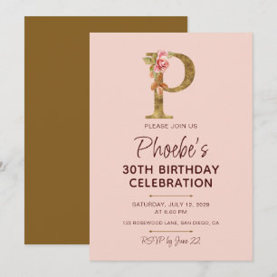 Invitación Monograma de letra P dorada con rosas rosadas