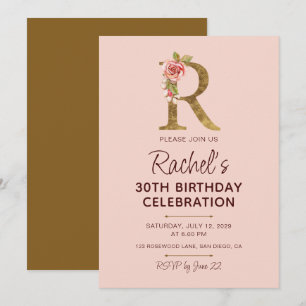 Invitación Monograma de letra R dorada con rosas rosadas