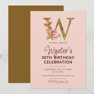 Invitación Monograma de letra W dorada con rosas rosadas