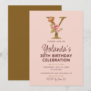 Invitación Monograma de letra Y dorada con rosas rosadas