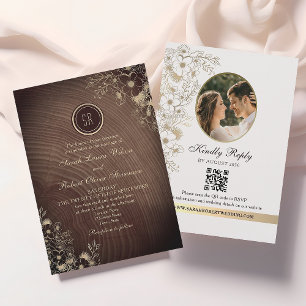 Invitación Monograma de Madera Oscura Foto QR Boda