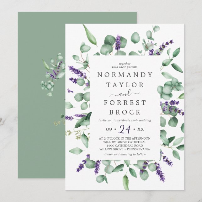 Invitación Monograma de marco floral de lavanda rústica Boda  (Anverso / Reverso)