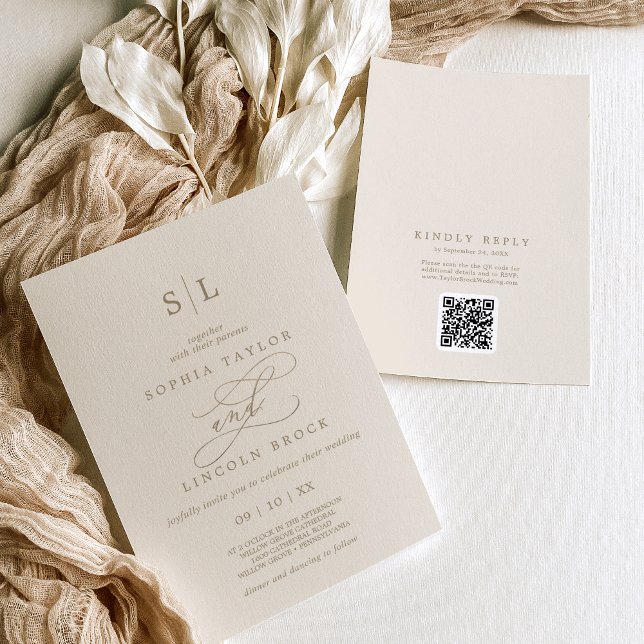 Invitación Monograma de marfil de oro romántico Código QR Bod (Romantic Gold Ivory Monogram QR Code RSVP Wedding Invitation)