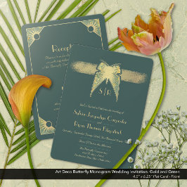 Invitación Monograma de mariposa Art Deco Boda de oro verde