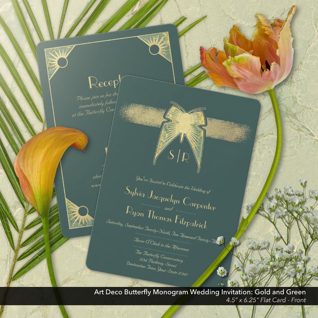Invitación Monograma de mariposa Art Deco Boda de oro verde (Art Deco Butterfly Monogram Green Gold Wedding Invitation - Front)
