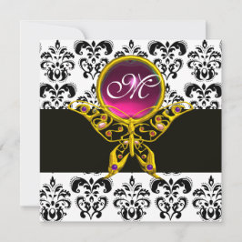 Invitación MONOGRAMA DE MARIPOSA HIPER, damasco negro blanco,