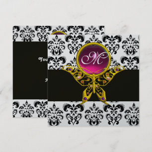 Invitación MONOGRAMA DE MARIPOSA HIPER, damasco negro blanco,