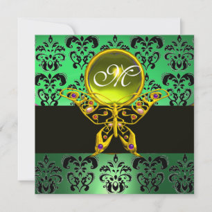 Invitación MONOGRAMA DE MARIPOSA HIPER, damasco verde, gema a