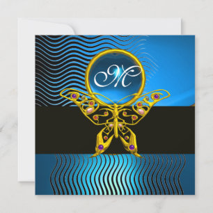 Invitación MONOGRAMA DE MARIPOSA HIPER,ondas zafiro azul