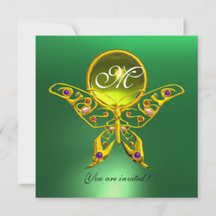 Invitación MONOGRAMA DE MARIPOSA HIPER, verde, topacio amaril