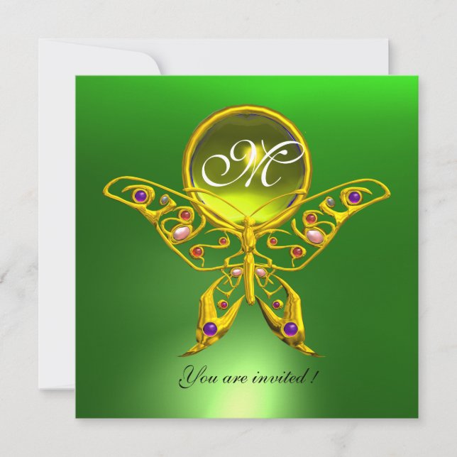 Invitación MONOGRAMA DE MARIPOSA HIPER, verde, topacio amaril (Anverso)