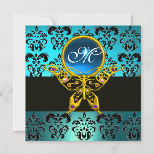 Invitación MONOGRAMA DE MARIPOSA HIPER, zafiro damasco azul