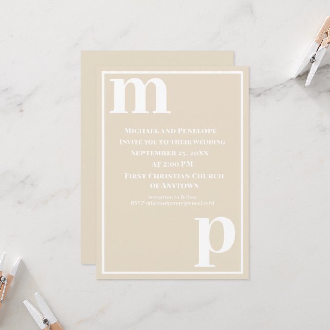 Invitación Monograma de moda suave Champagne Boda Beige (Anverso/Reverso In Situ)
