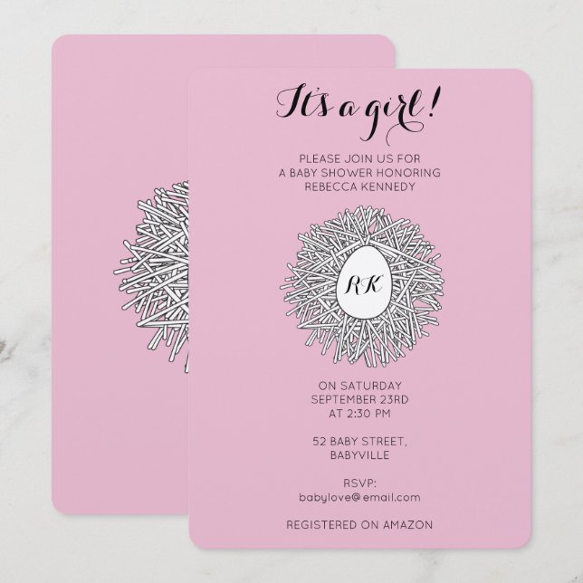 Invitación Monograma de nido lindo bebé Baby Shower (Anverso / Reverso)