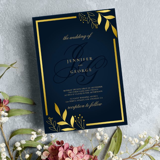 Invitación Monograma de oro azul marino iniciales boda floral (Navy blue gold monogram initials floral wedding )