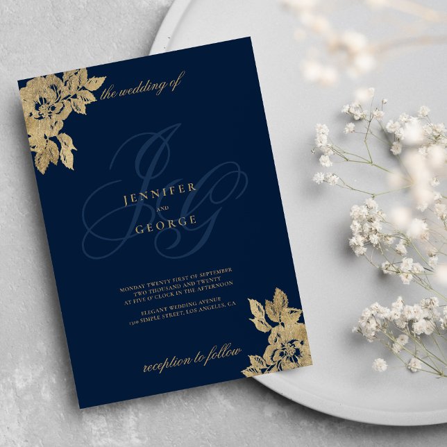 Invitación Monograma de oro azul marino iniciales boda floral (Navy blue gold monogram initials floral wedding invitation )