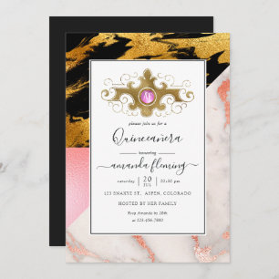 Invitación Monograma de oro Glam Purpurina Marble Quinceañera