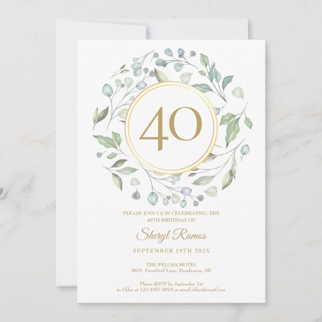 Invitación Monograma de Oro Laurel Garland 40 Cumpleaños (Anverso)