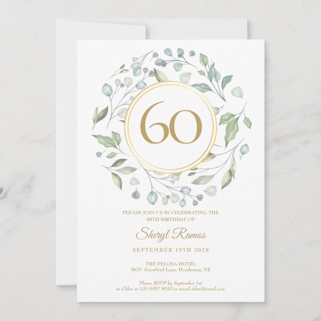 Invitación Monograma de Oro Laurel Garland 60 Cumpleaños (Anverso)