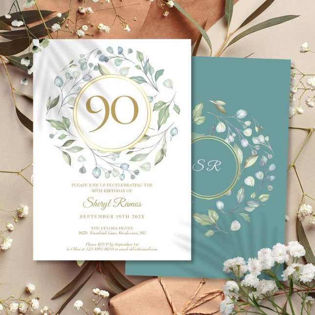 Invitación Monograma de oro Laurel Garland 90 cumpleaños (Laurel Garland Gold Monogram 90th Birthday Invitation)