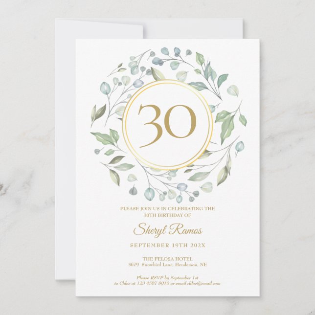 Invitación Monograma de Oro Laurel Garland Cumpleaños 30 (Anverso)