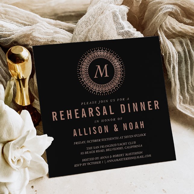 Invitación Monograma de oro negro y falso Rosa Cena (Subido por el creador)