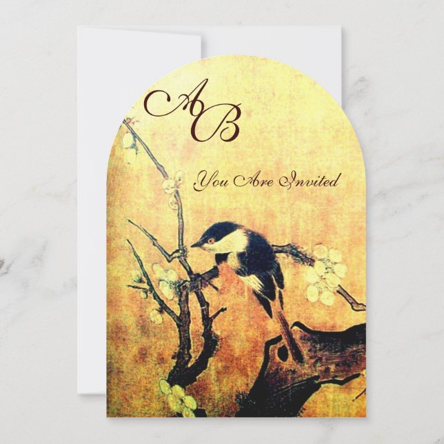 Invitación MONOGRAMA DE PÁJARO DE PRIMAVERA, Amarillo Dorado  (Reverso)