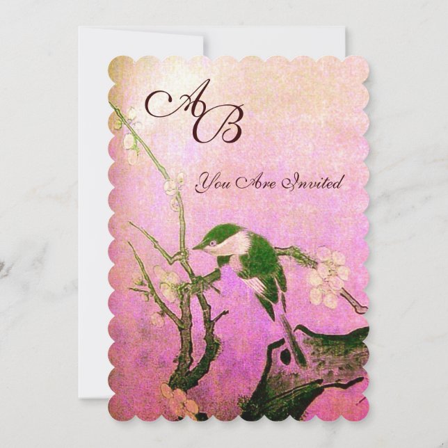 Invitación MONOGRAMA DE PÁJARO DE PRIMAVERA Rosa Fucsia Blanc (Reverso)