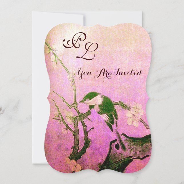 Invitación MONOGRAMA DE PÁJARO DE PRIMAVERA Rosa Fucsia Blanc (Reverso)