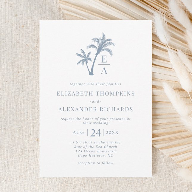 Invitación Monograma de palmeras tropicales Boda azul de play (Subido por el creador)
