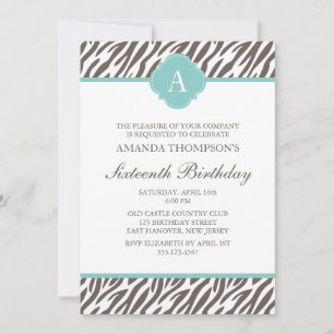 Invitación Monograma de patrón de cebra marrón y mint